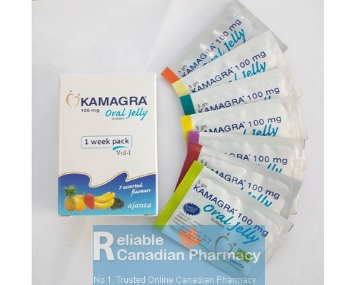 Box pack and sachets of Kamagra Oral Jelly 100mg Weekly Pack 7 flavours