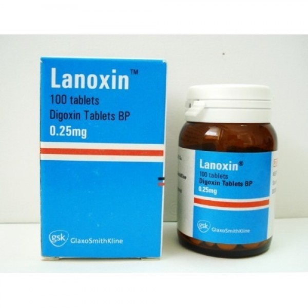 A box and a bottle of Lanoxin 0.25mg Pills 