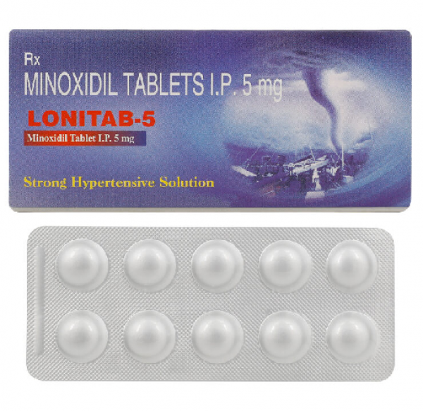 A strip and a box of generic Minoxidil 5mg tablets