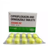 A box and a strip of Ciprofloxacin (500mg) + Ornidazole (500mg) Tablets
