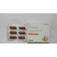 A strip and pack of Generic Rifabutin 150mg Capsules