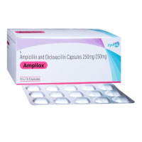 A box and a strip of Ampicillin (250mg) + Dicloxacillin (250mg) Caps