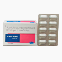 A box and a strip of generic Aceclofenac (100mg) + Paracetamol (325mg) + Serratiopeptidase (15mg) tab