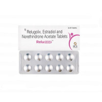 A pack and a strip of Generic Relugolix (40mg) + Estradiol (1mg) + Norethindrone (0.5mg) Tablet