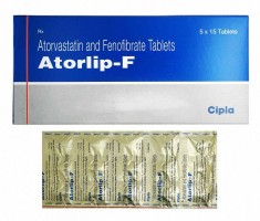 Box and a blister strip of Atorvastatin + Fenofibrate Generic 10mg/145mg Pill