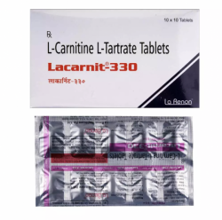 A box and strip of Levo-Carnitine (330mg) Tablet