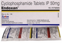 A box and strip of Cyclophosphamide (50mg) Tablet