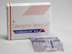 A box and a strip of Cabergoline 0.5mg Pills 