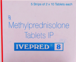 A box and a strip of Methylprednisolone 8mg Pill