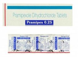 A box and a strip of Pramipexole 0.25mg Pills 