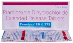 A box and strip of Generic Pramipexole ER (0.375 mg) Tablet