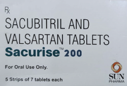 A box of Sacubitril and Valsartan pills
