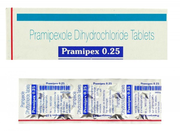 A box and a strip of Pramipexole 0.25mg Pills 