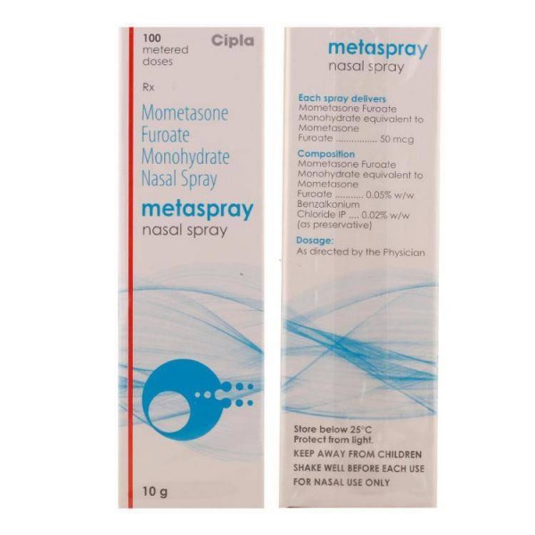 Bottle and box of generic Mometasone 50mcg 100 Doses Nasal Spray