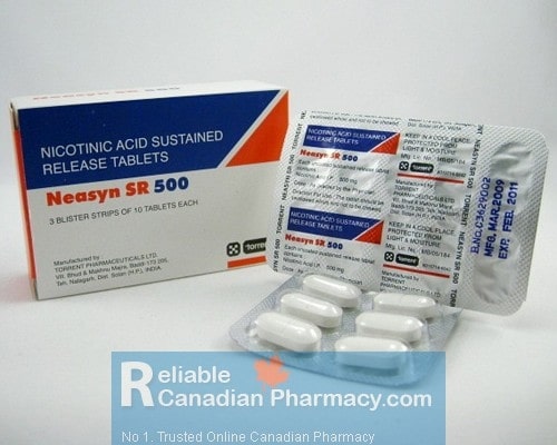Box pack and blister strip of generic Niaspan 500 mg Sr Tablets