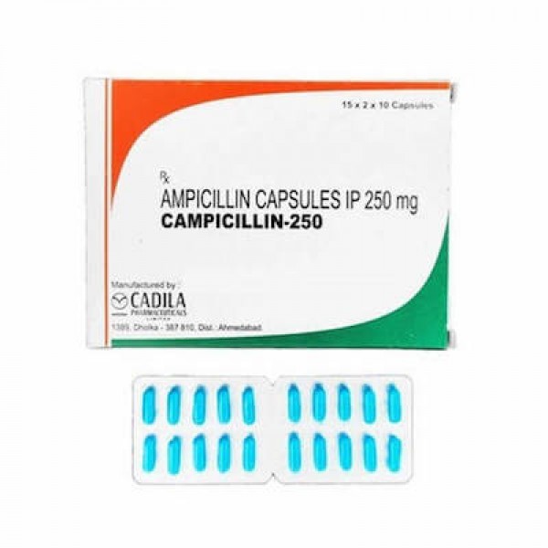 Box and blister strip of generic ampicillin 250mg capsules