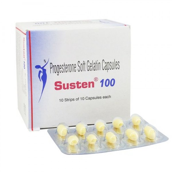 A box and a strip of Progesterone 100mg Capsules
