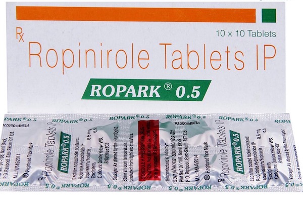 A box and a strip of Ropinirole 0.5mg Pills