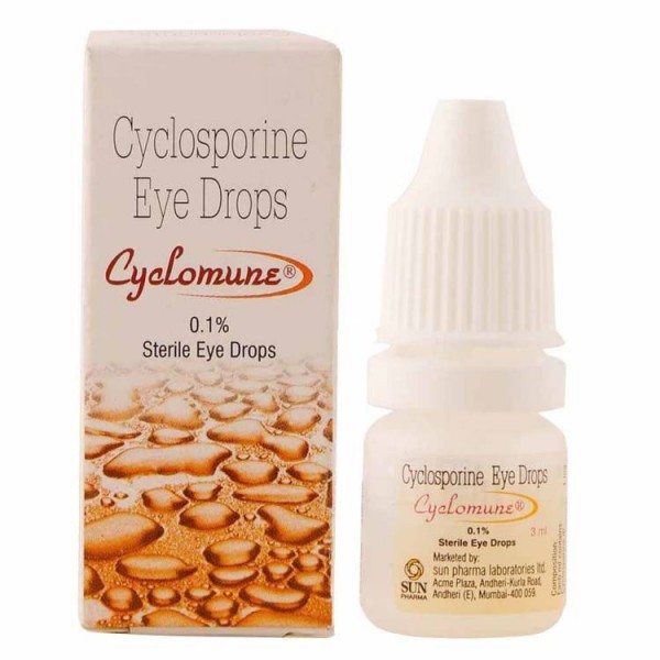 A dropper and a box of Cyclosporine 0.05 Percent Solution 3ml Eye Drop 