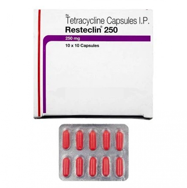 A box and a strip of generic Tetracycline 250 mg Capsule