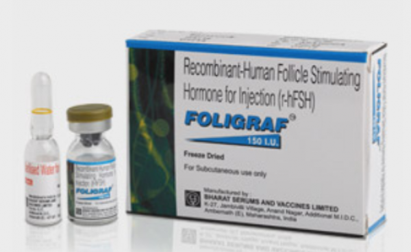 A box and a vial of Recombinant Human follicle stimulating hormone 150IU Injection