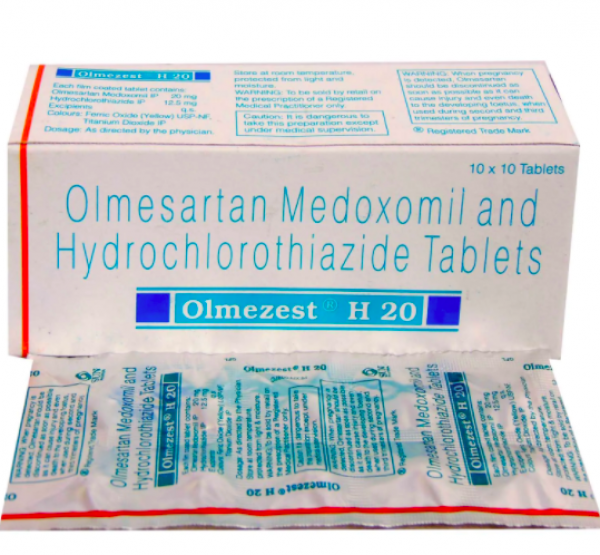 A box and a strip of Hydrochlorothiazide (12.5mg) + Olmesartan Medoxomil (20mg) tablets