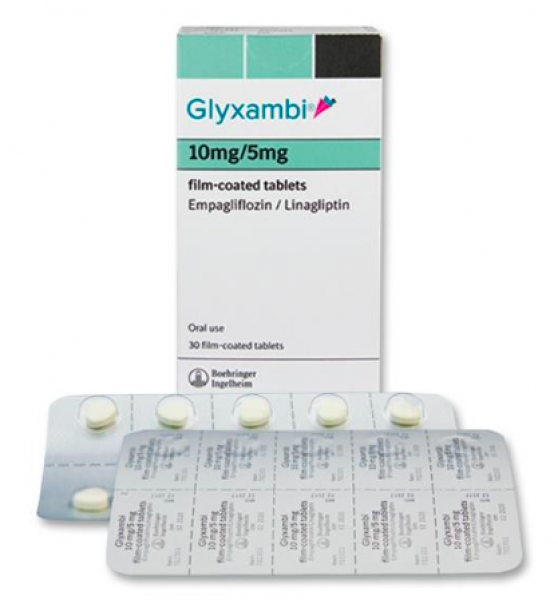 A box and strips of Glyxambi 10mg/5mg Pill