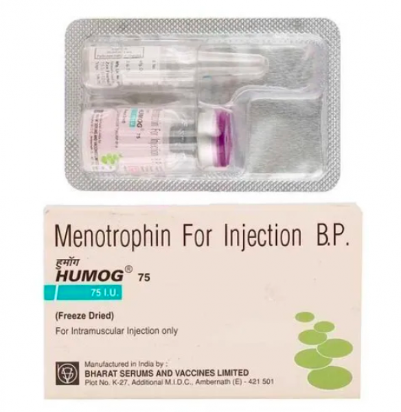 A box and an injection of Menotropin 75IU  ( Freeze Dried Injection )