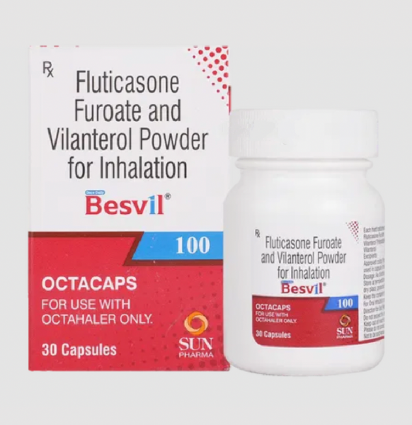 A box and a bottle of Fluticasone Furoate (100mcg) + Vilanterol (25mcg) Octacaps