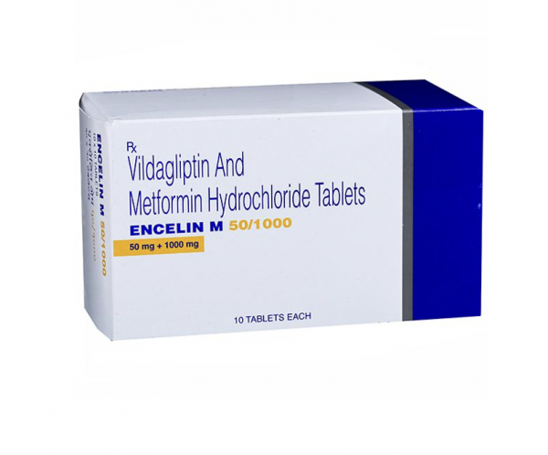 Box and blister strip of generic vildagliptin 50 mg, metformin hydrochloride 1000 mg Tablets