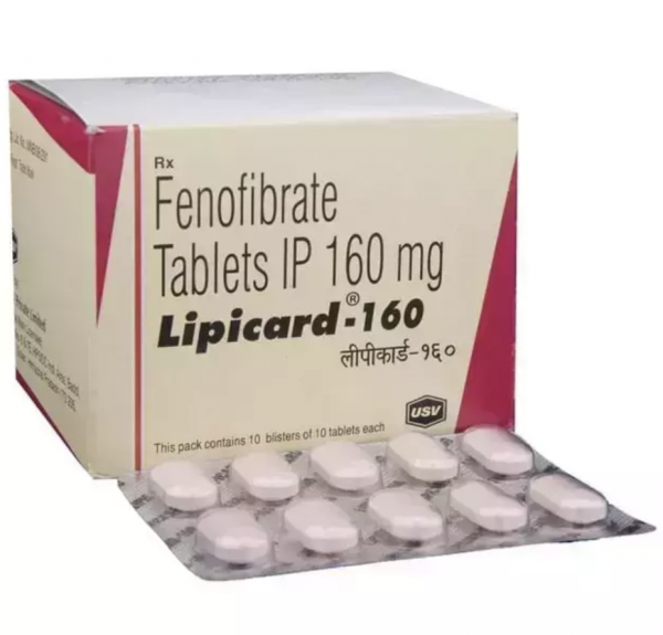 A box and a blister strip of generic Tricor 160mg Tablets - Fenofibrate