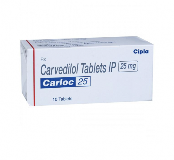 Box and blister strip of generic Carvedilol 25mg tablet