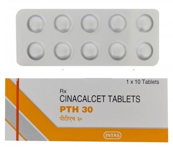 A box and a strip of Cinacalcet 30mg Pills