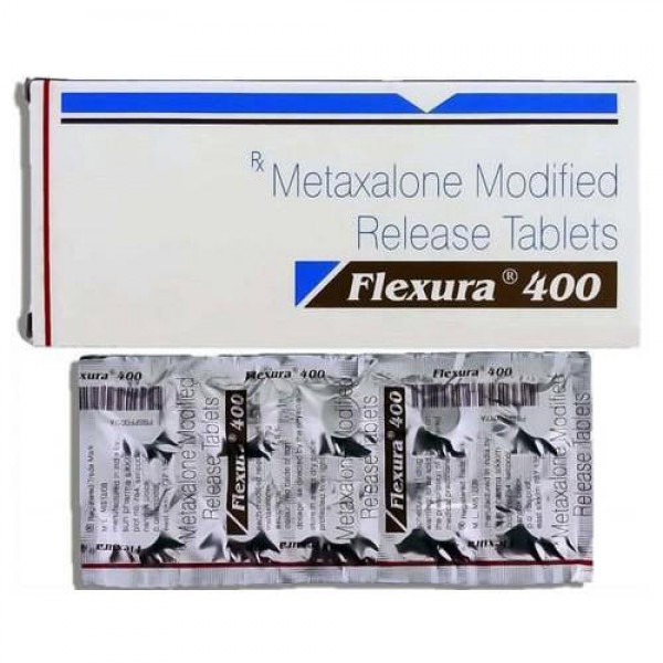 A box and a strip of Metaxalone 400mg Pills