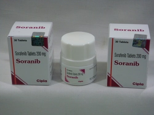 Two boxes and a bottle of Sorafenib 200mg tablets