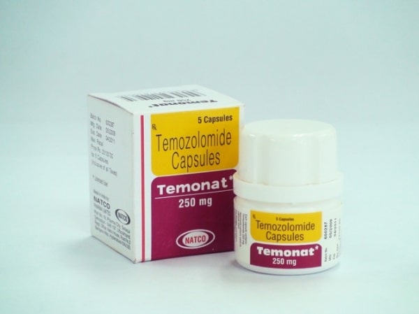 Box and a bottle of Temozolomide 250mg Capsules