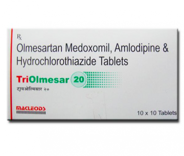 A box of Olmesartan Medoxomil (20mg) + Amlodipine (5mg) + Hydrochlorothiazide (12.5mg) Pill