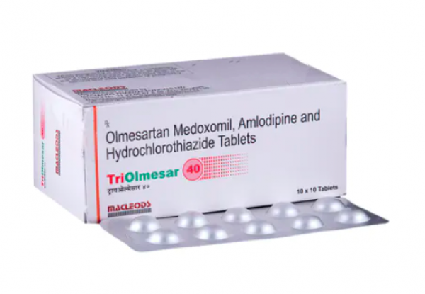 A box and a strip of Olmesartan Medoxomil (40mg) + Amlodipine (5mg) + Hydrochlorothiazide (12.5mg) Pill