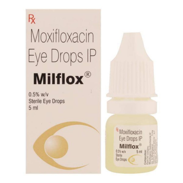 Box and tube of generic Moxifloxacin 0.5% 5 ml Eye Drops Bottle